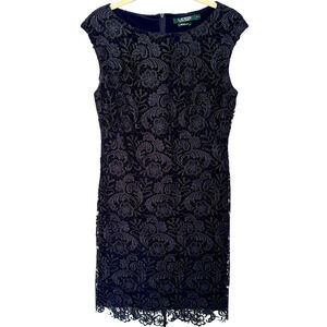 Lauren Ralph Lauren Evening Dress Lighthouse Navy Floral Lace Overlay Sz 8